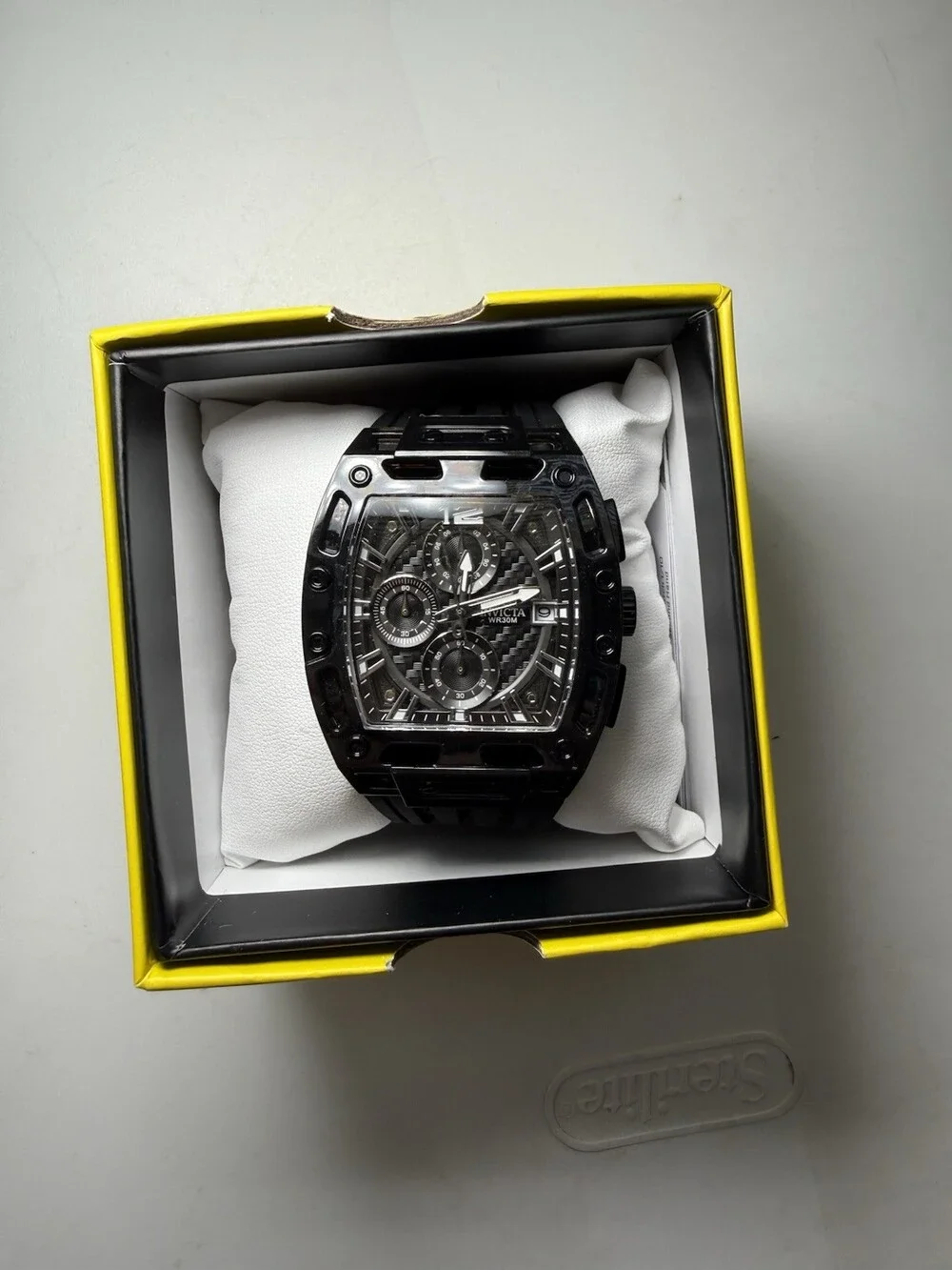 Invicta Men’s Black Tonneau Chronograph Watch 30M Rubber Strap New w/ Box Tag